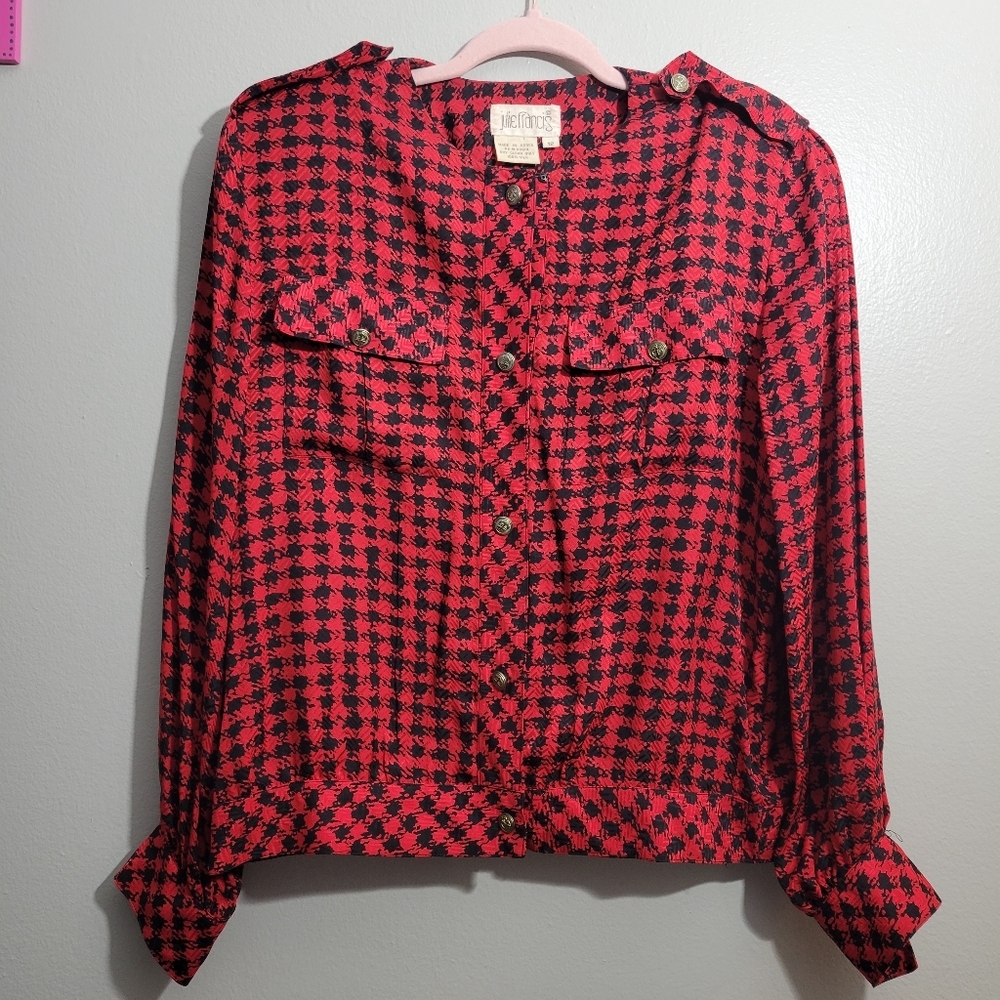 🍒 Julie Francis Red Gingham Long Sleeve Jacket 100% silk Size 12